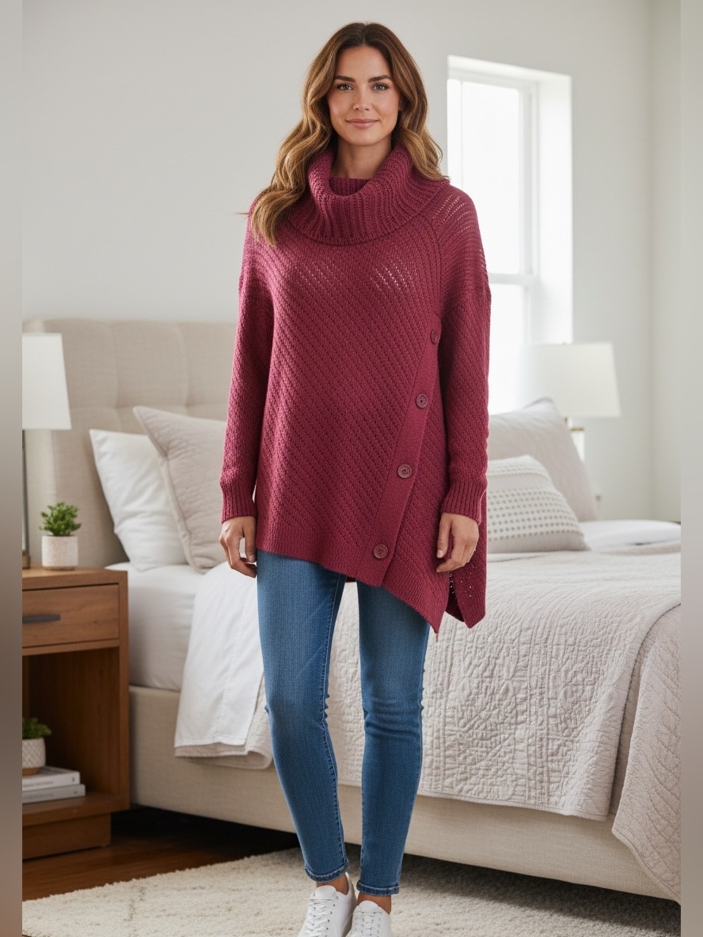Lucky Brand Alyssa Button Cowl Neck Knit Pullover Sweater Burgundy/Red SZ S